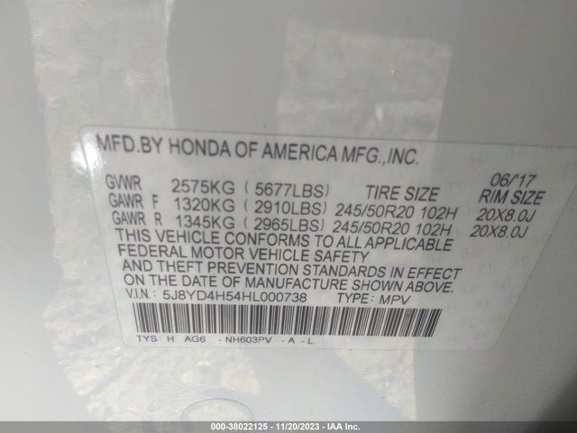 5J8YD4H54HL000738 Acura Mdx W/technology Package