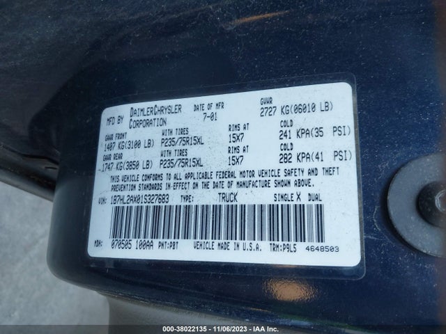 2001 DODGE DAKOTA SLT/SPORT VIN: 1B7HL2AX01S327683