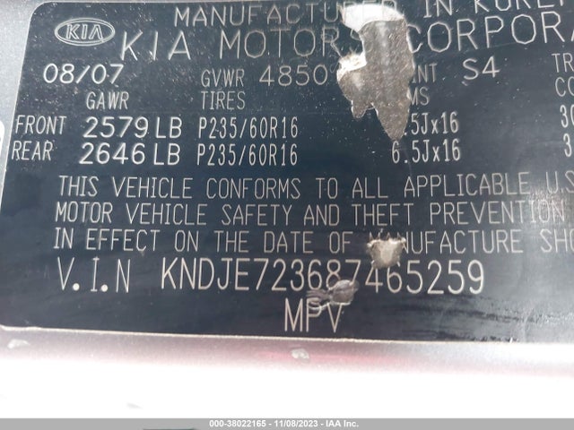 2008 KIA SPORTAGE LX V6 VIN: KNDJE723687465259