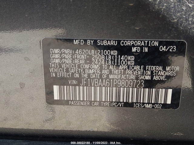 2023 SUBARU WRX BASE M6 VIN: JF1VBAA61P9809723