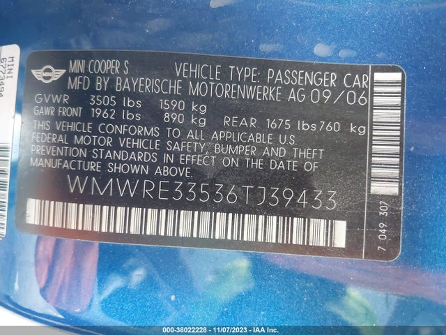 2006 MINI COOPER S WMWRE33536TJ39433 Photo 8