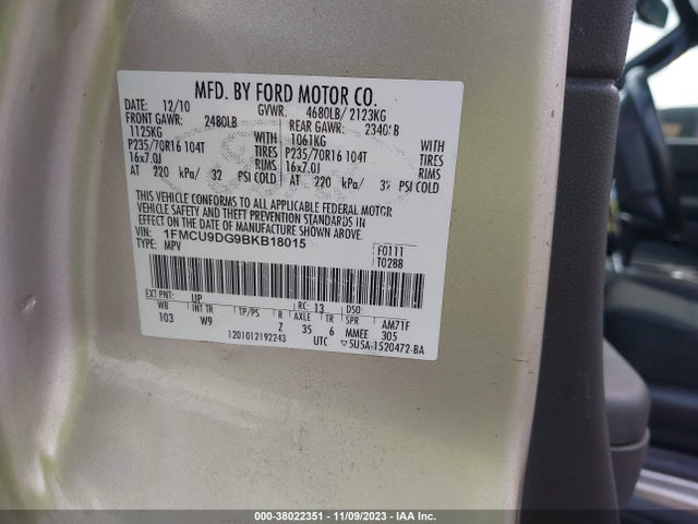 2011 FORD ESCAPE XLT VIN: 1FMCU9DG9BKB18015