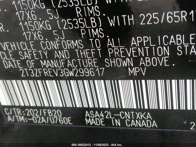 2016 TOYOTA RAV4 LE VIN: 2T3ZFREV3GW299617