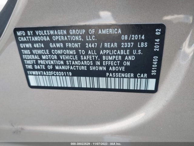 1VWBV7A32FC020119 Volkswagen Passat 2.0l Tdi Se