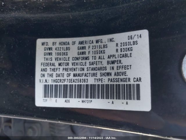 1HGCR2F70EA258363 Honda Accord Sedan Ex