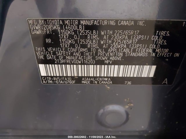 2013 TOYOTA RAV4 XLE VIN: 2T3RFREV0DW116203