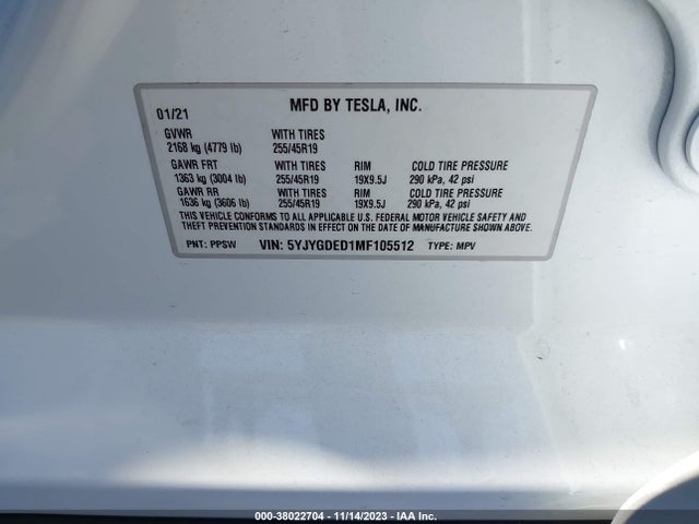 2021 TESLA MODEL Y 5YJYGDED1MF105512 Photo 8