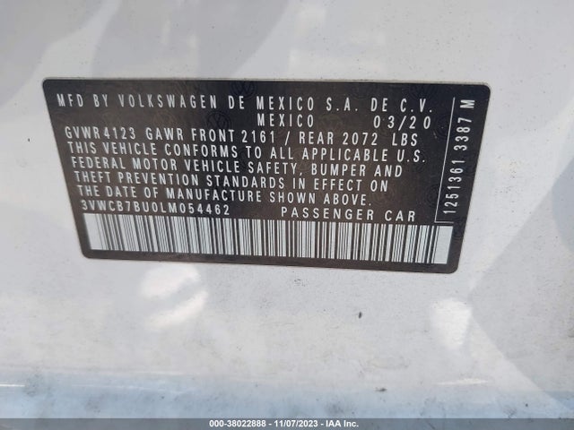 2020 VOLKSWAGEN JETTA 1.4T R-LINE/1.4T S/1.4T SE VIN: 3VWCB7BU0LM054462