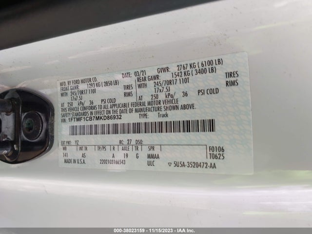 2021 FORD F-150 XL VIN: 1FTMF1CB7MKD86932
