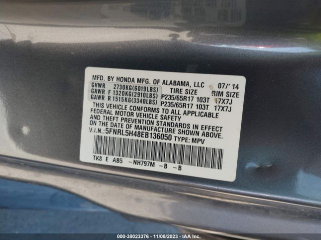 5FNRL5H48EB136050 Honda ODYSSEY EX