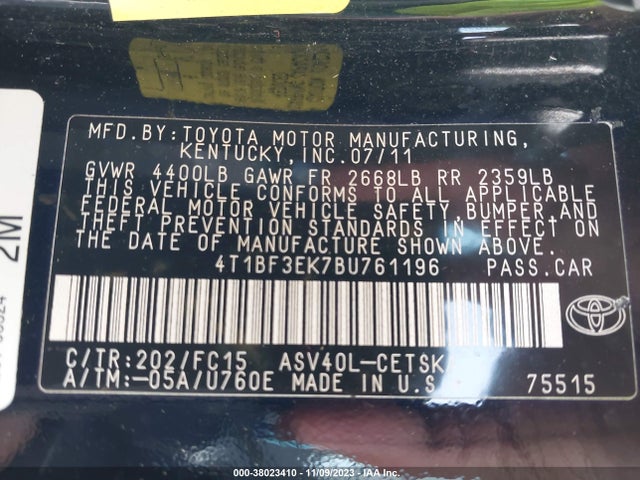 2011 TOYOTA CAMRY VIN: 4T1BF3EK7BU761196