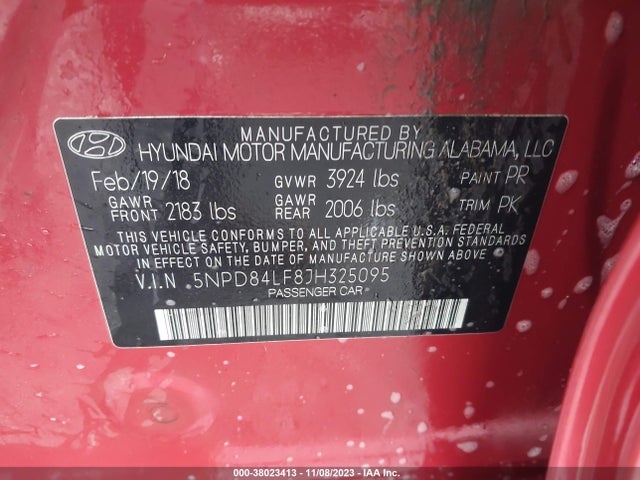 2018 HYUNDAI ELANTRA SEL VIN: 5NPD84LF8JH325095