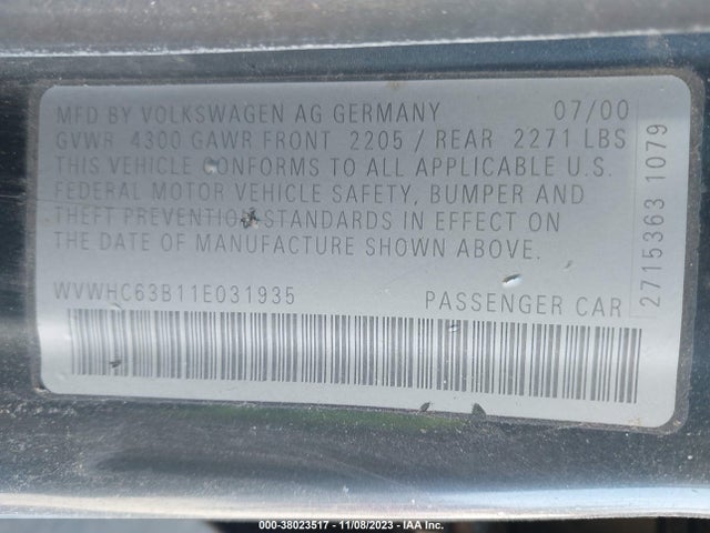 2001 VOLKSWAGEN PASSAT GLS VIN: WVWHC63B11E031935