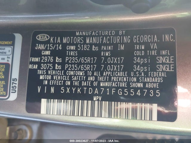 KIA Sorento Lx V6 2015 5XYKTDA71FG554735 Image 9