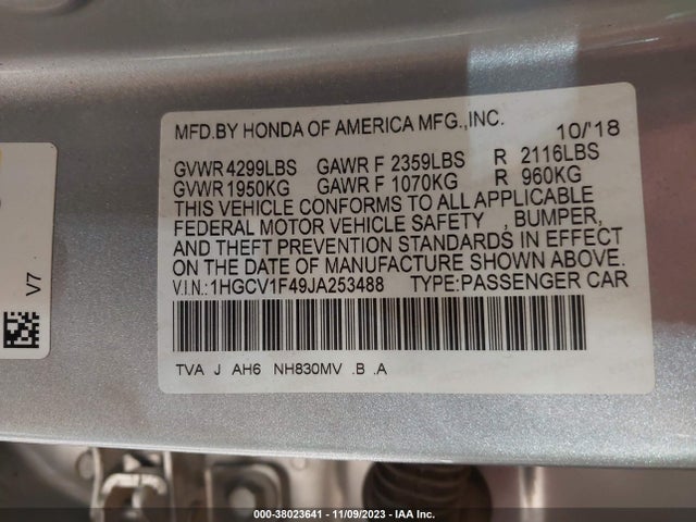 Honda ACCORD EX 2018 1HGCV1F49JA253488 Image 9