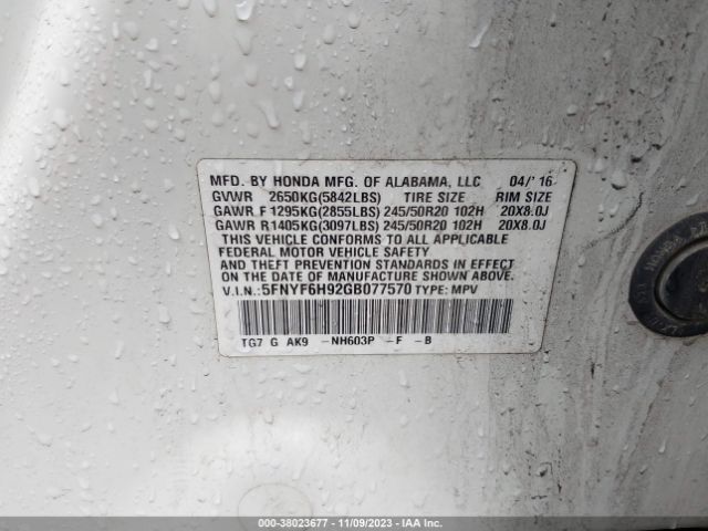 5FNYF6H92GB077570 Honda Pilot Touring