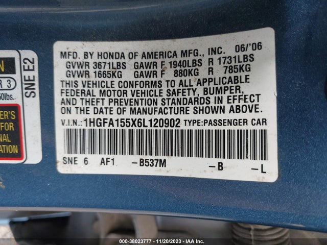 2006 HONDA CIVIC LX VIN: 1HGFA155X6L120902