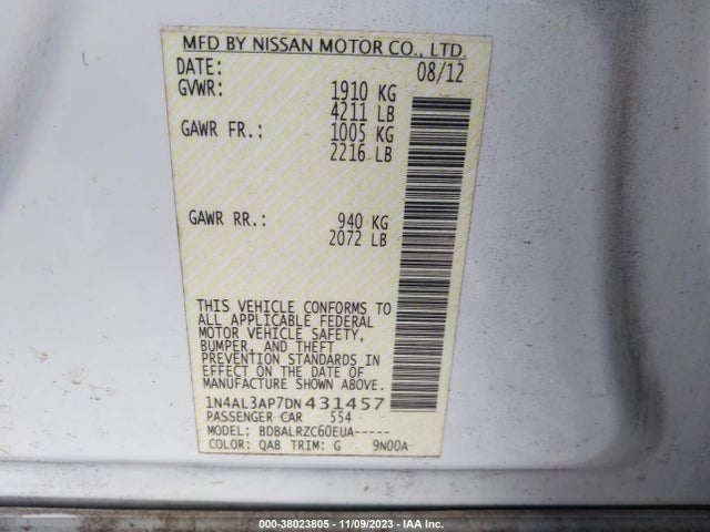 2013 NISSAN ALTIMA 2.5 S VIN: 1N4AL3AP7DN431457