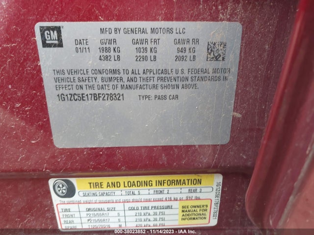 2011 CHEVROLET MALIBU LT W/1LT VIN: 1G1ZC5E17BF278321