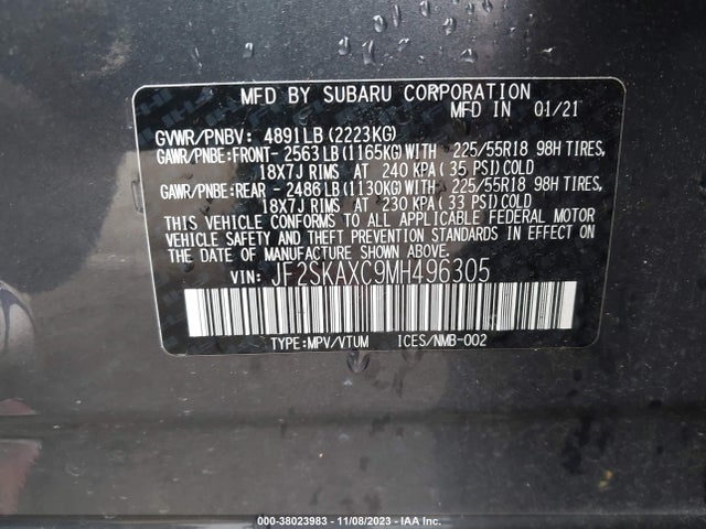 2021 SUBARU FORESTER TOURING VIN: JF2SKAXC9MH496305