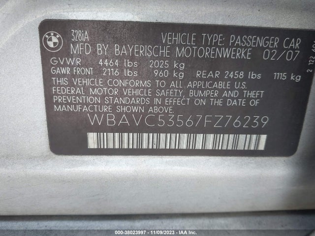 Продажа на аукционе авто 2007 Bmw 3 Series 328i, vin: WBAVC53567FZ76239, номер лота: 38023997
