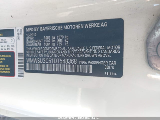 2013 MINI HARDTOP WMWSU3C51DT548368 Photo 8