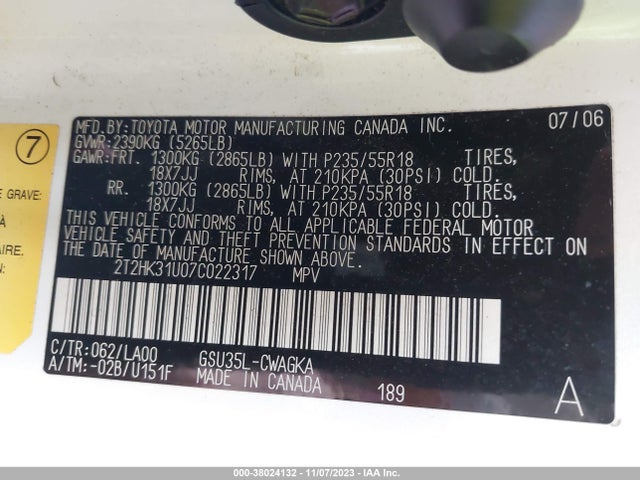 2007 LEXUS RX 350 VIN: 2T2HK31U07C022317