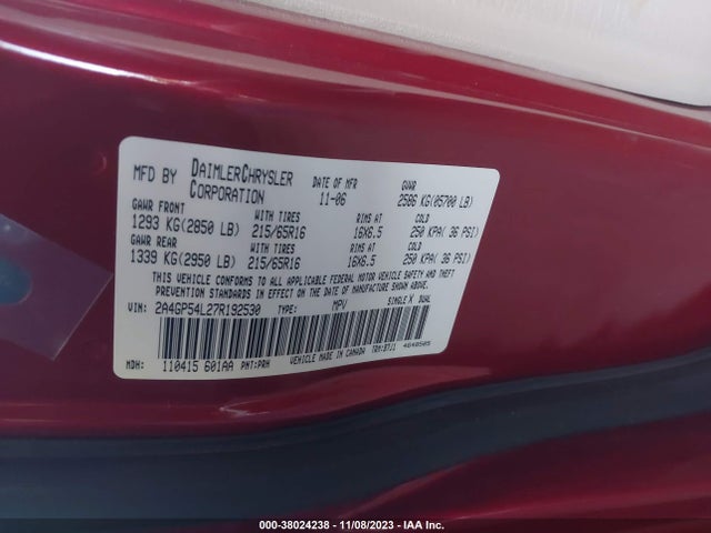2007 CHRYSLER TOWN & COUNTRY TOURING VIN: 2A4GP54L27R192530