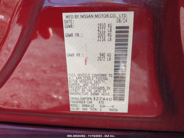 2015 NISSAN ALTIMA 2.5 S VIN: 1N4AL3AP3FN327440