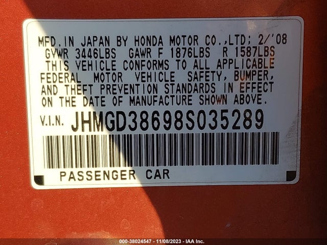 2008 HONDA FIT SPORT VIN: JHMGD38698S035289