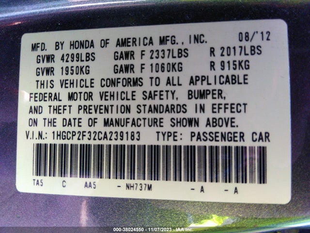 2012 HONDA ACCORD 2.4 LX VIN: 1HGCP2F32CA239183