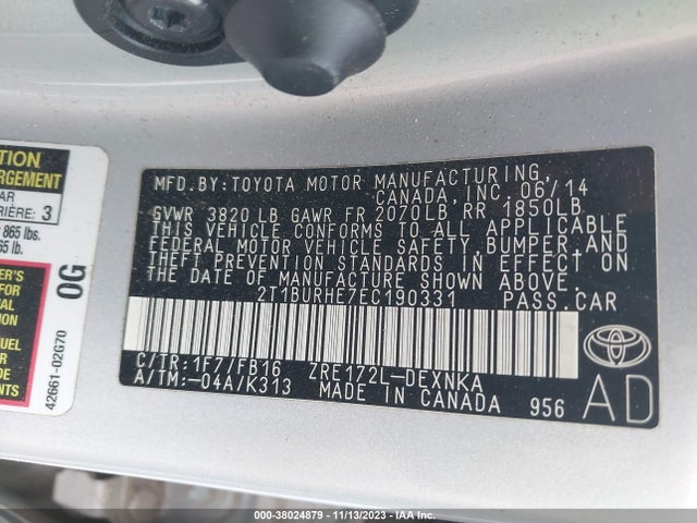 2014 TOYOTA COROLLA LE VIN: 2T1BURHE7EC190331