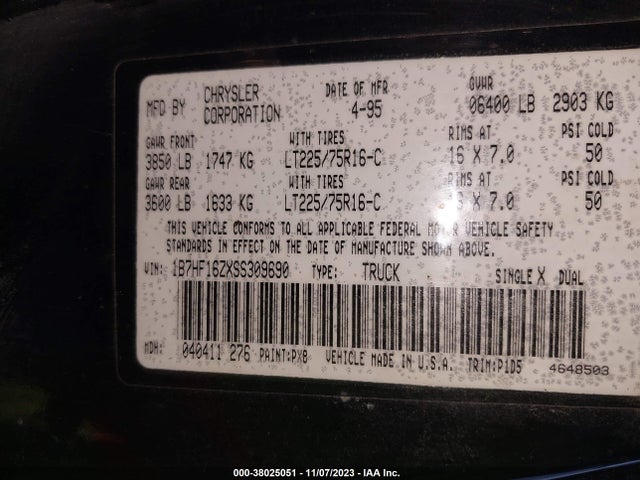 1995 DODGE RAM 1500 VIN: 1B7HF16ZXSS309690