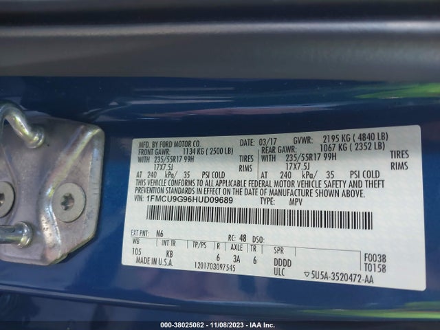 2017 FORD ESCAPE SE VIN: 1FMCU9G96HUD09689