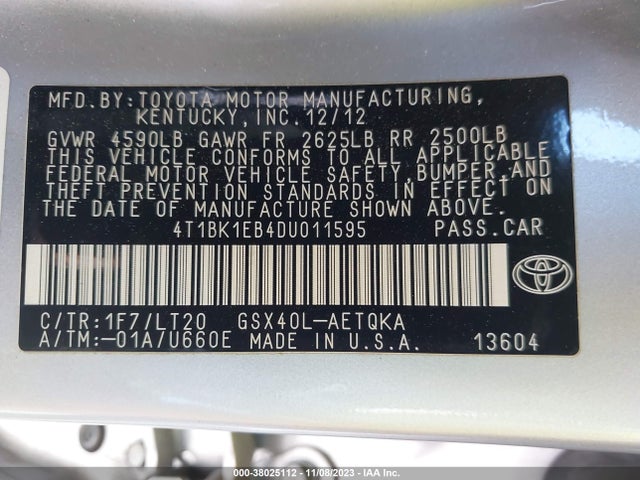2013 TOYOTA AVALON XLE TOURING VIN: 4T1BK1EB4DU011595