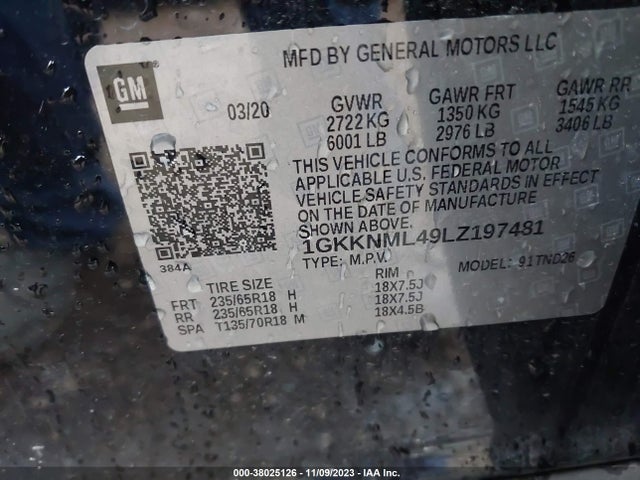 1GKKNML49LZ197481 GMC Acadia Fwd Slt