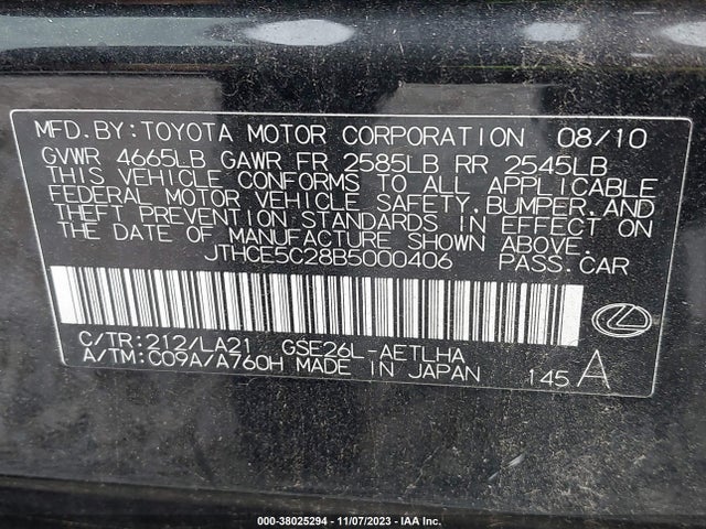 2011 LEXUS IS 350 VIN: JTHCE5C28B5000406
