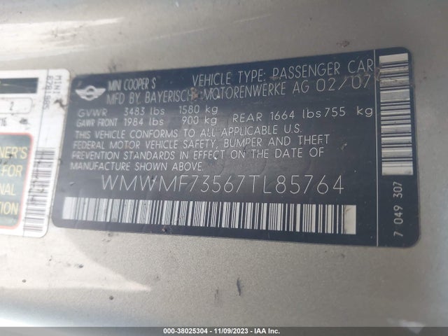 2007 MINI COOPER S WMWMF73567TL85764 Photo 8