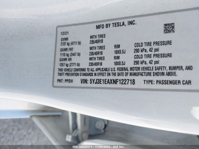 2022 TESLA MODEL 3 5YJ3E1EAXNF122718 Photo 8
