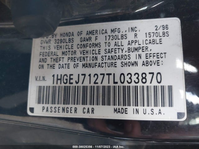 1996 HONDA CIVIC HX VIN: 1HGEJ7127TL033870