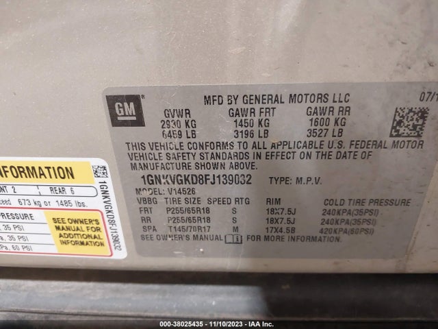 Chevrolet Traverse Lt 2015 1GNKVGKD8FJ139032 Image 9