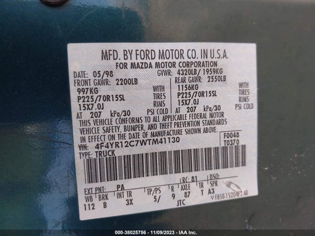 1998 MAZDA B2500 SE/SX VIN: 4F4YR12C7WTM41130