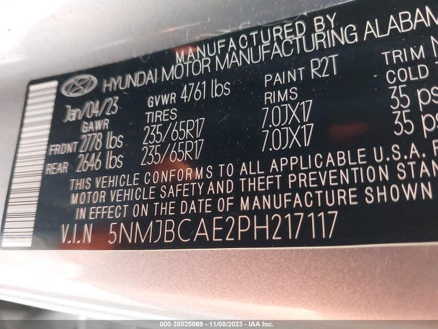 2023 HYUNDAI TUCSON SEL VIN: 5NMJBCAE2PH217117