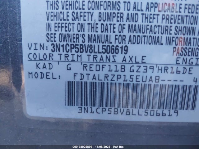 2020 NISSAN KICKS S XTRONIC CVT VIN: 3N1CP5BV8LL506619