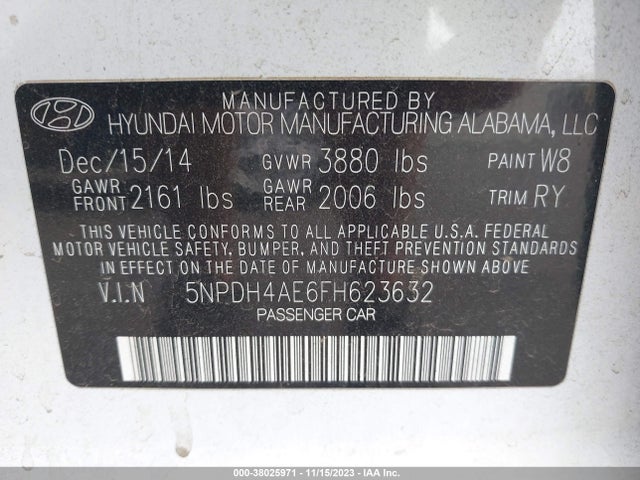 2015 HYUNDAI ELANTRA SE VIN: 5NPDH4AE6FH623632