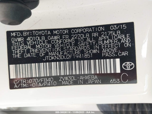Toyota Prius Two 2015 JTDKN3DU2F1941851 Image 9