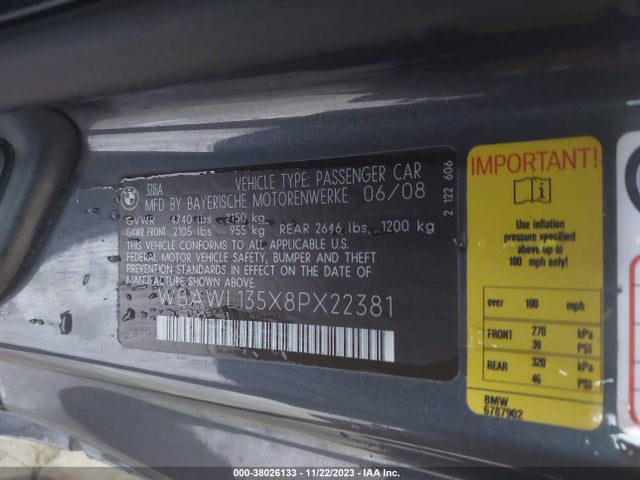 38026133 :رقم المزاد ، WBAWL135X8PX22381 vin ، 2008 Bmw 328i مزاد بيع