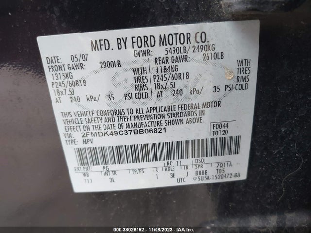 2007 FORD EDGE SEL PLUS VIN: 2FMDK49C37BB06821