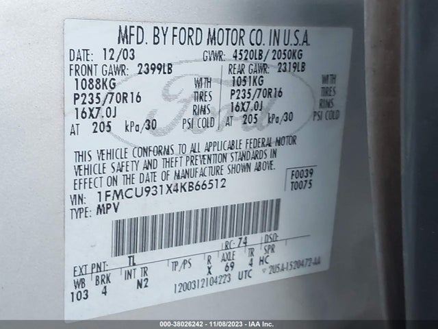 2004 FORD ESCAPE XLT VIN: 1FMCU931X4KB66512