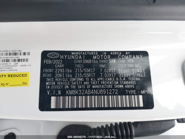 2022 HYUNDAI KONA SEL VIN: KM8K32AB4NU891272